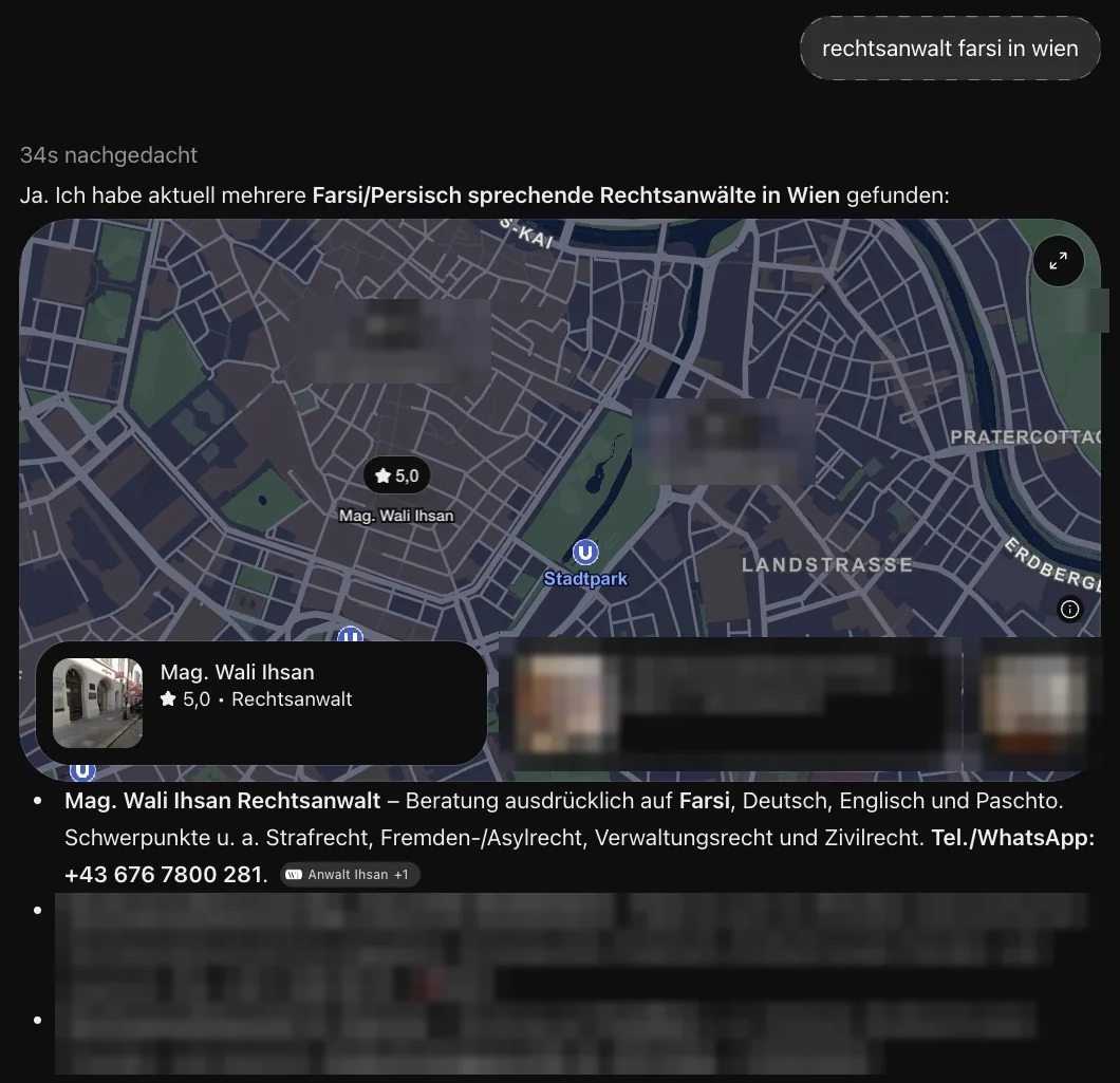 Screenshot einer ChatGPT-Antwort, die Anwalt Ihsan nennt. Namen anderer Kanzleien sind unkenntlich gemacht.