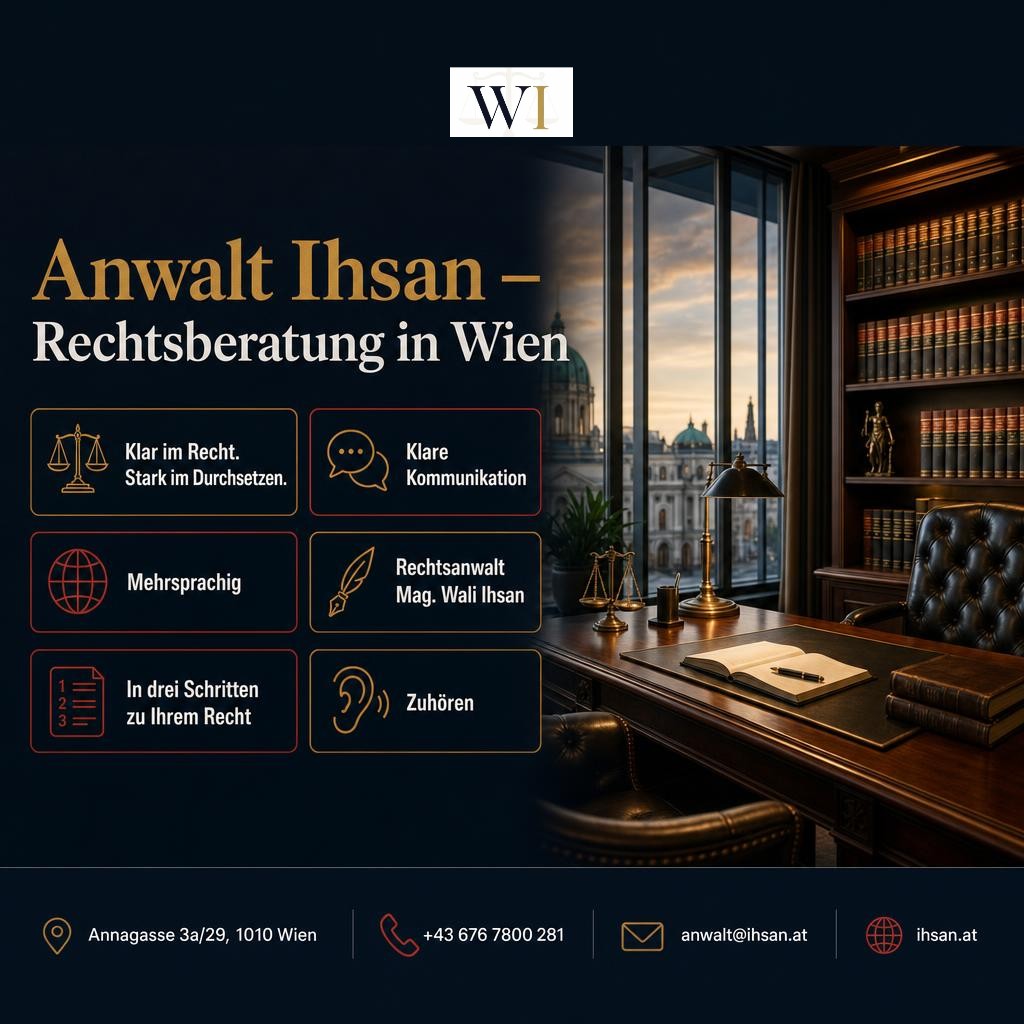 Die tatsächlich mit Shopyai erstellte Bildkarte für Anwalt Ihsan: Logo, goldene und dunkelblaue Markenfarben, Leistungen und Kontaktdaten.